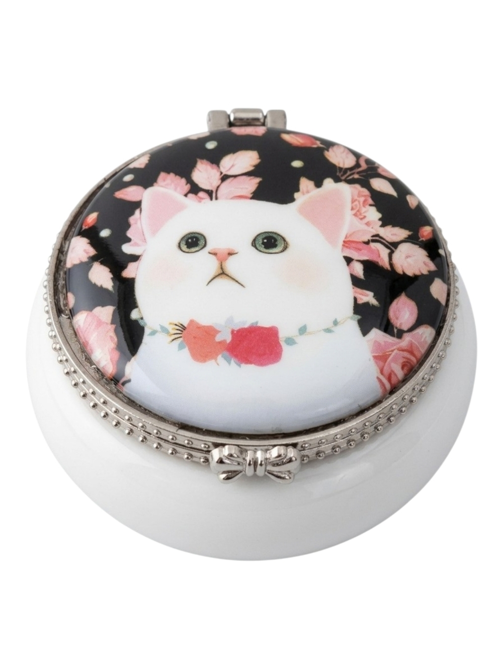 White Cat Pink Floral Roses Round Ceramic and Metal Trinket Pill Box 2 Inch